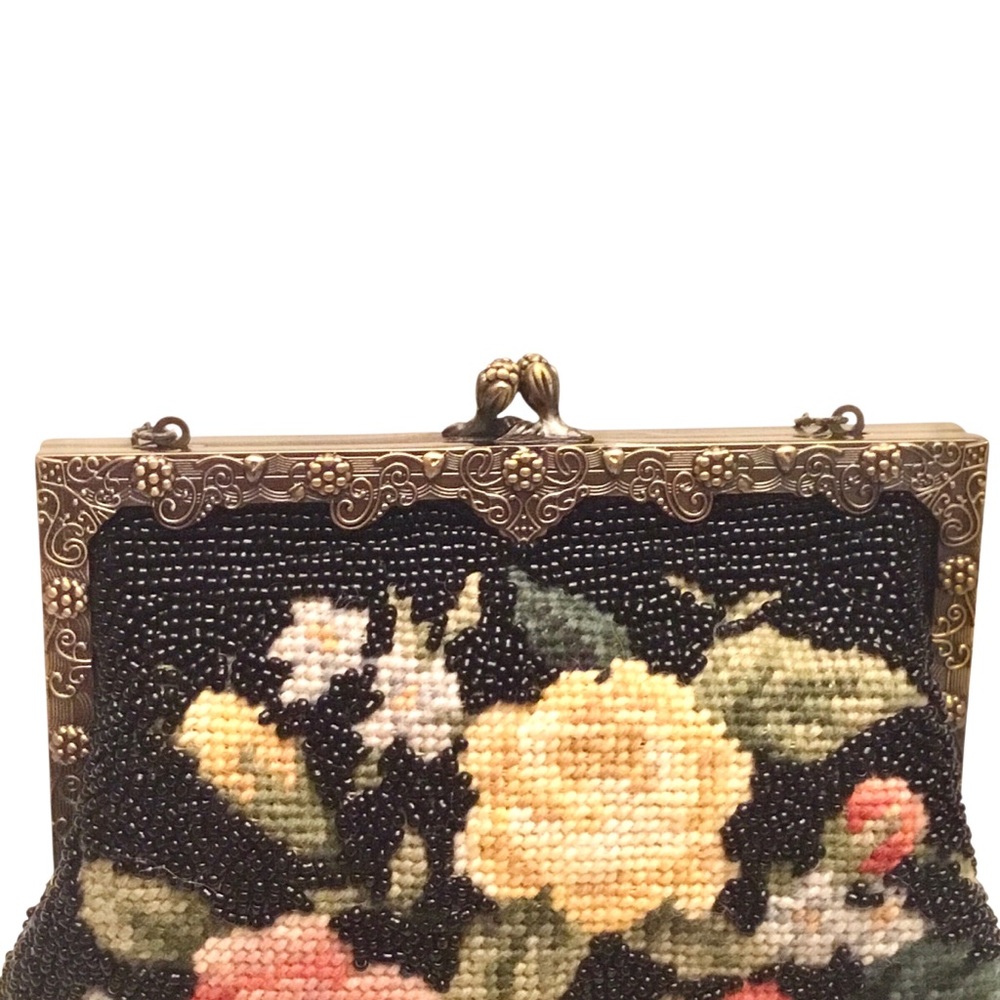Vintage Style Regency Floral Needlepoint Beaded Evening Bag Pewter Scroll Frame - Picture 4 of 16